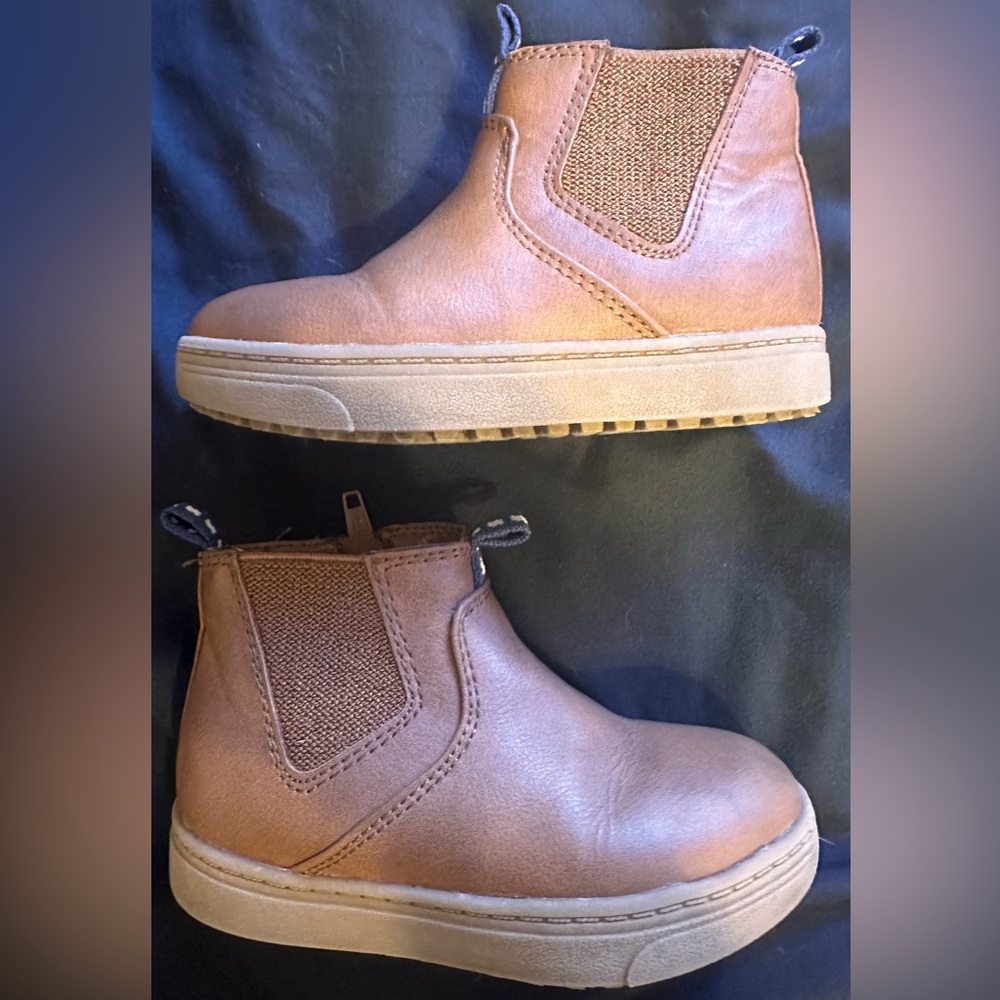 Lightly worn cognac-colored faux leather toddler zip up boots